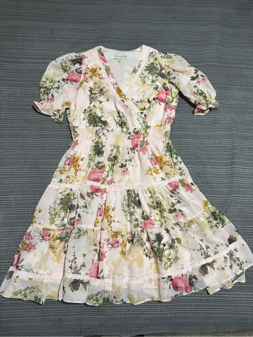 Taylor Floral Wrap Tiered Dress in Pink, Green & Yellow